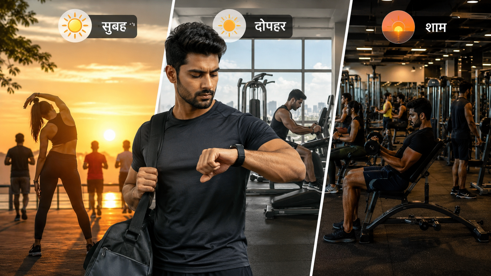 Indian man comparing morning afternoon and evening workout times in a gym